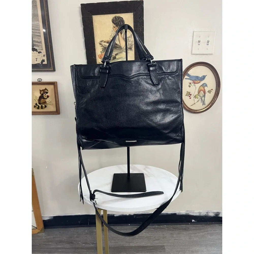 Rebecca Minkoff Black Textured Leather Tote Crossbody Bag with Fringe 91G